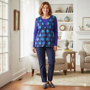 Alfred Dunner Womens Size Medium Knit Cardigan Sweater Purple Teal Argyle Casual